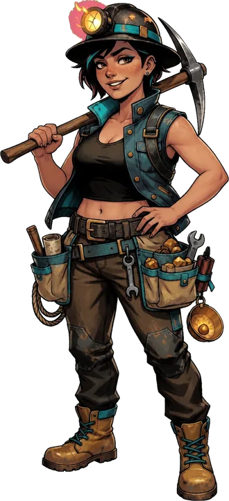 Luna, a miner with a pickaxe and a headlamp